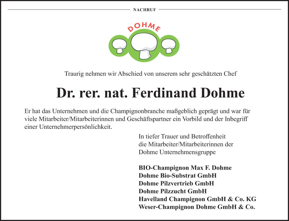  Traueranzeige für Ferdinand Dohme vom 24.10.2023 aus Deister- und Weserzeitung