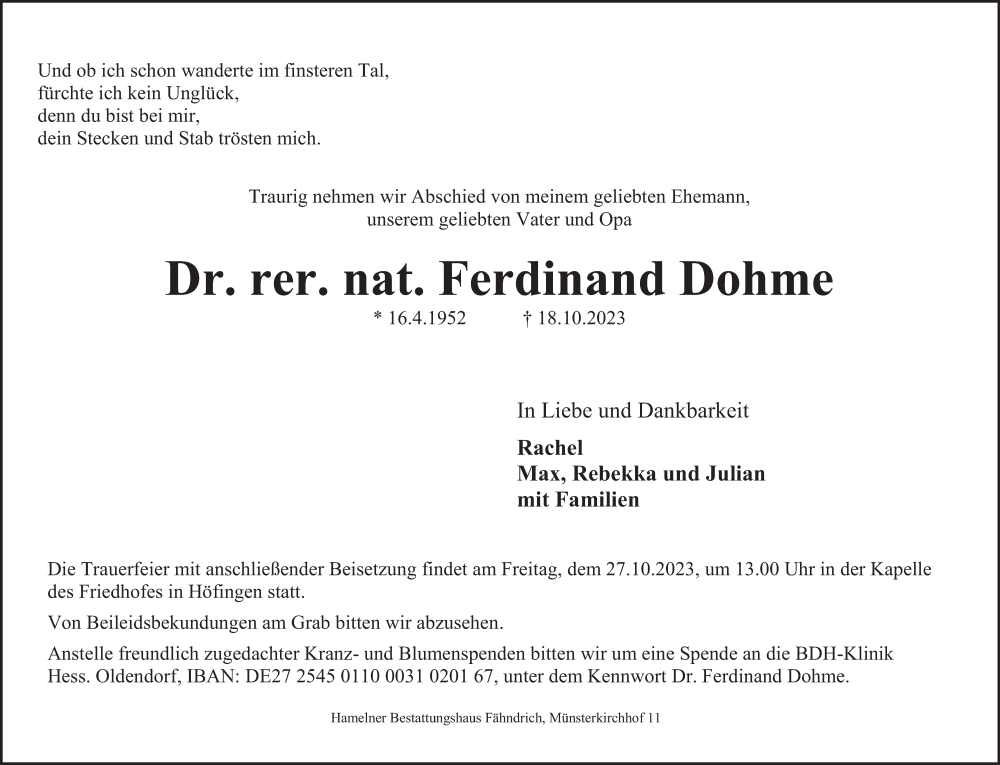  Traueranzeige für Ferdinand Dohme vom 24.10.2023 aus Deister- und Weserzeitung