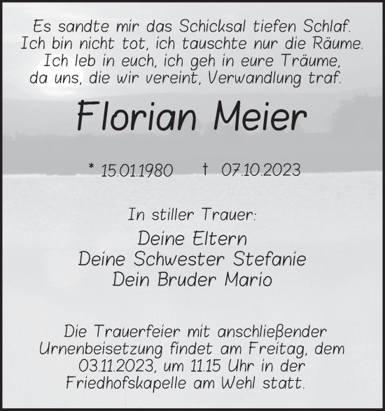 Traueranzeige von Florian Meier von Deister- und Weserzeitung