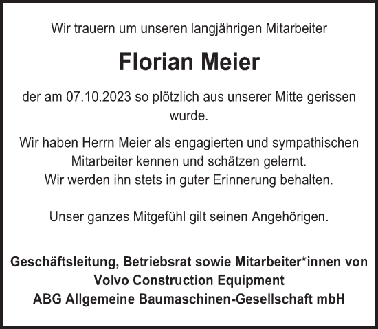 Traueranzeige von Florian Meier von Deister- und Weserzeitung
