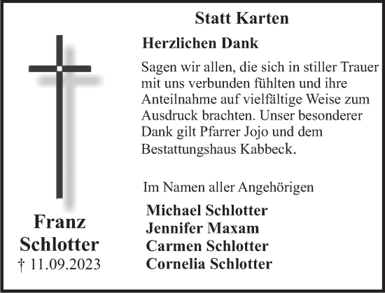 Traueranzeige von Franz Schlotter von Deister- und Weserzeitung