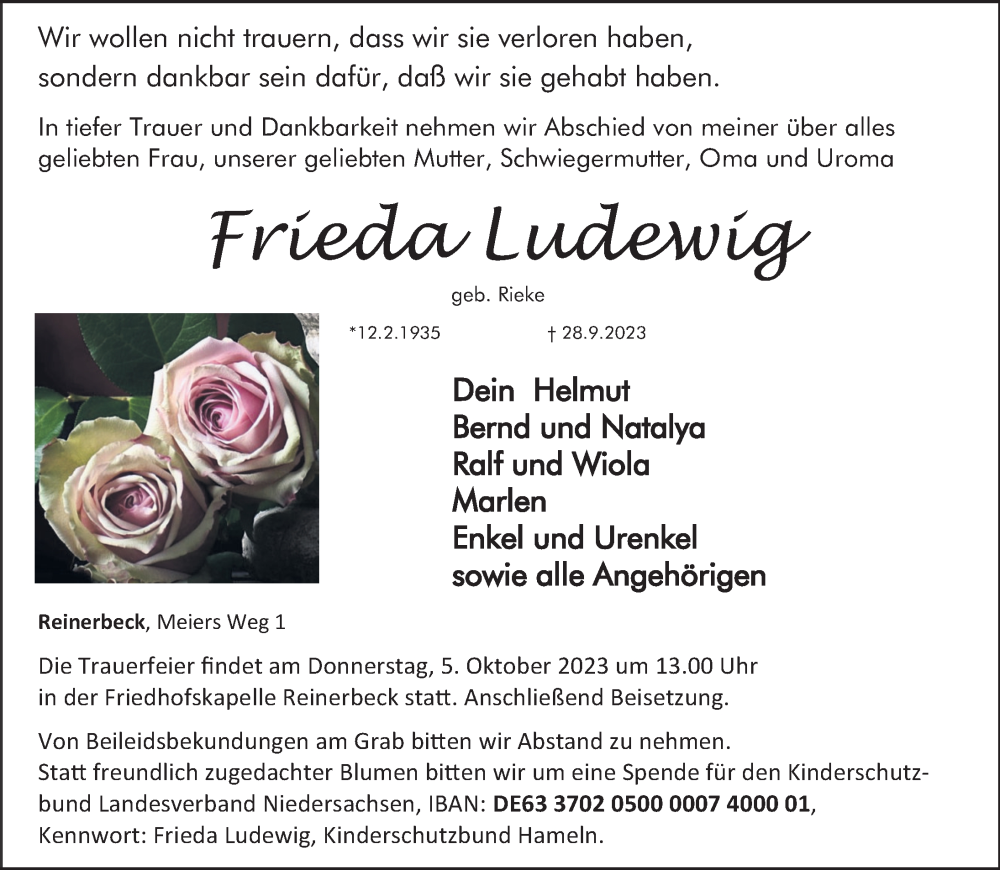 Traueranzeige für Frieda Ludewig vom 30.09.2023 aus Deister- und Weserzeitung