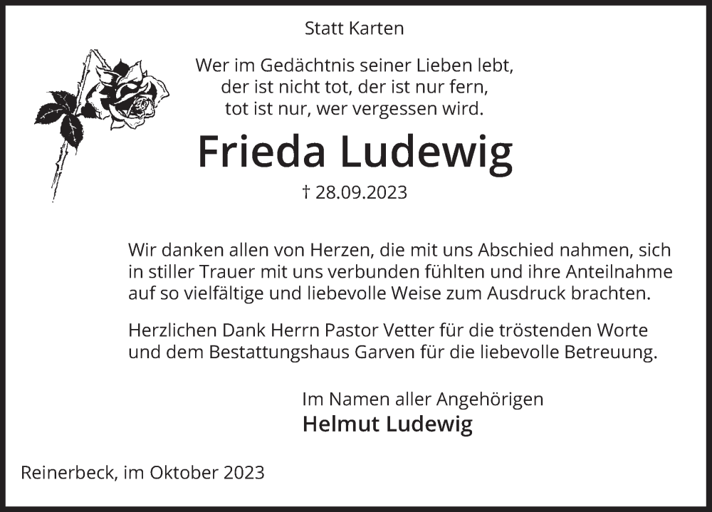  Traueranzeige für Frieda Ludewig vom 21.10.2023 aus Deister- und Weserzeitung