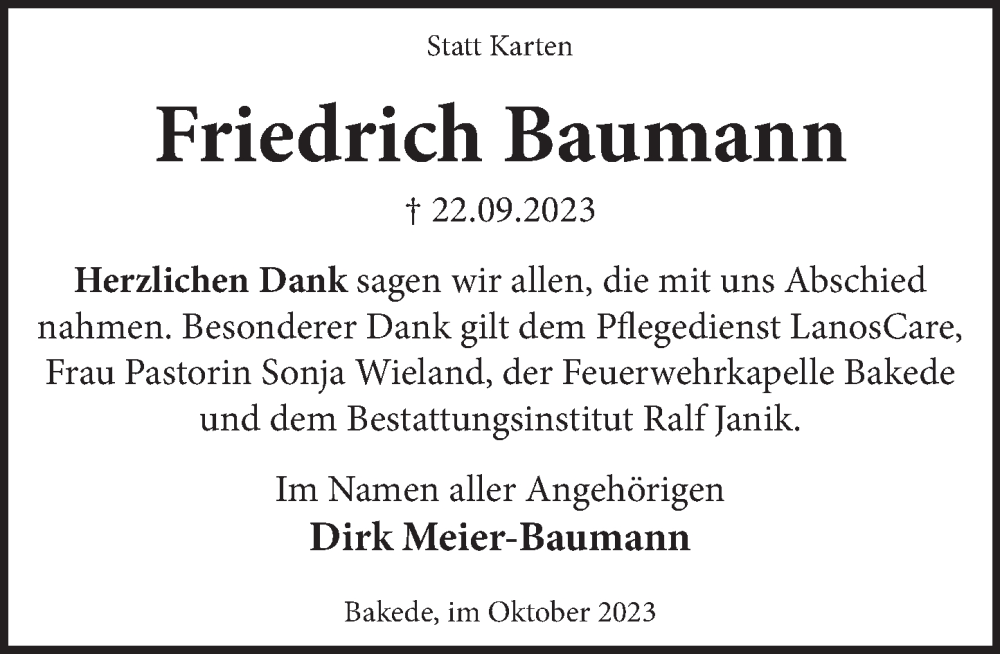  Traueranzeige für Friedrich Baumann vom 21.10.2023 aus Neue Deister-Zeitung