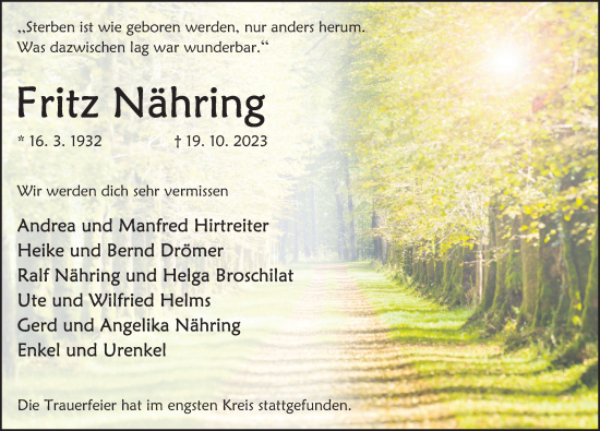 Traueranzeige von Fritz Nähring von Deister- und Weserzeitung