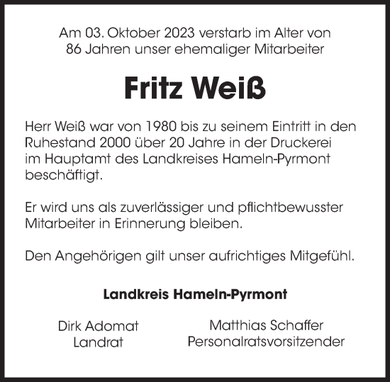 Traueranzeige von Fritz Weiß von Deister- und Weserzeitung