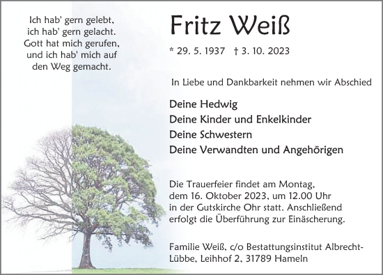 Traueranzeige von Fritz Weiß von Deister- und Weserzeitung