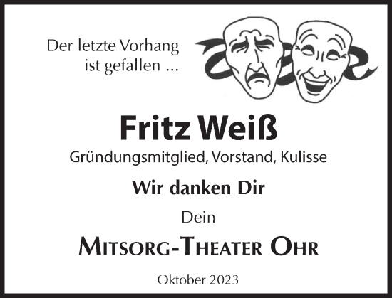 Traueranzeige von Fritz Weiß von Deister- und Weserzeitung