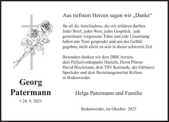 Traueranzeige von Georg Patermann von Deister- und Weserzeitung