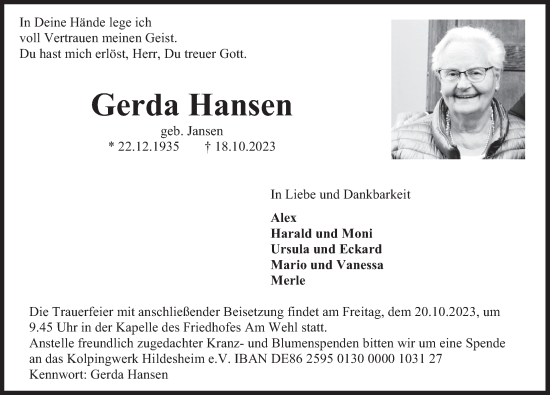 Traueranzeige von Gerda Hansen von Deister- und Weserzeitung