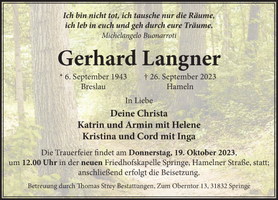 Traueranzeige von Gerhard Langner von Neue Deister-Zeitung