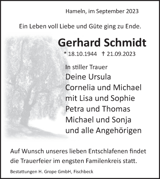 Traueranzeige von Gerhard Schmidt von Deister- und Weserzeitung
