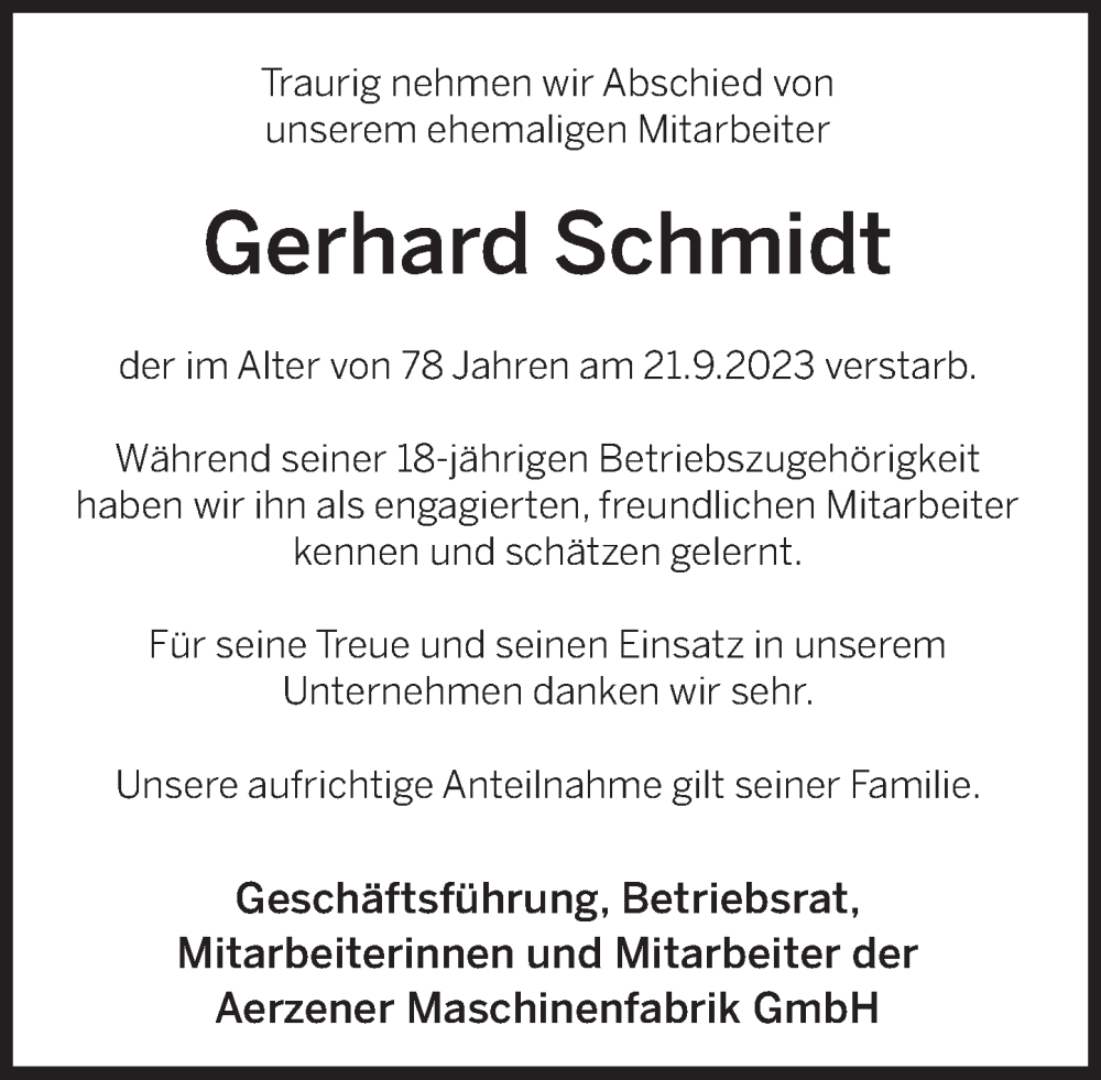  Traueranzeige für Gerhard Schmidt vom 23.10.2023 aus Deister- und Weserzeitung