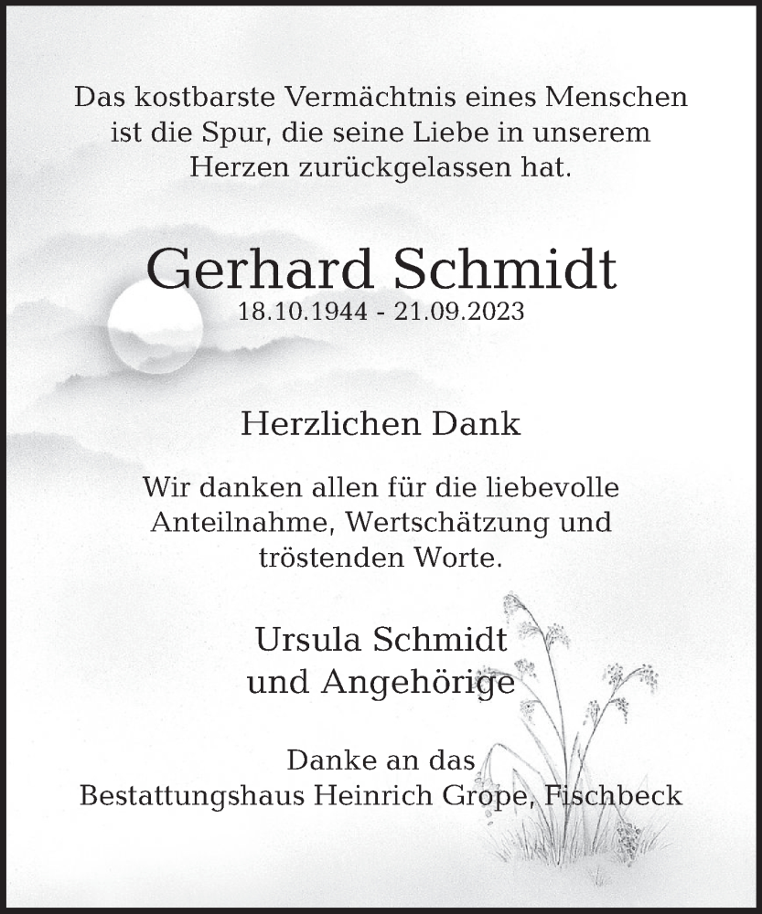  Traueranzeige für Gerhard Schmidt vom 28.10.2023 aus Deister- und Weserzeitung