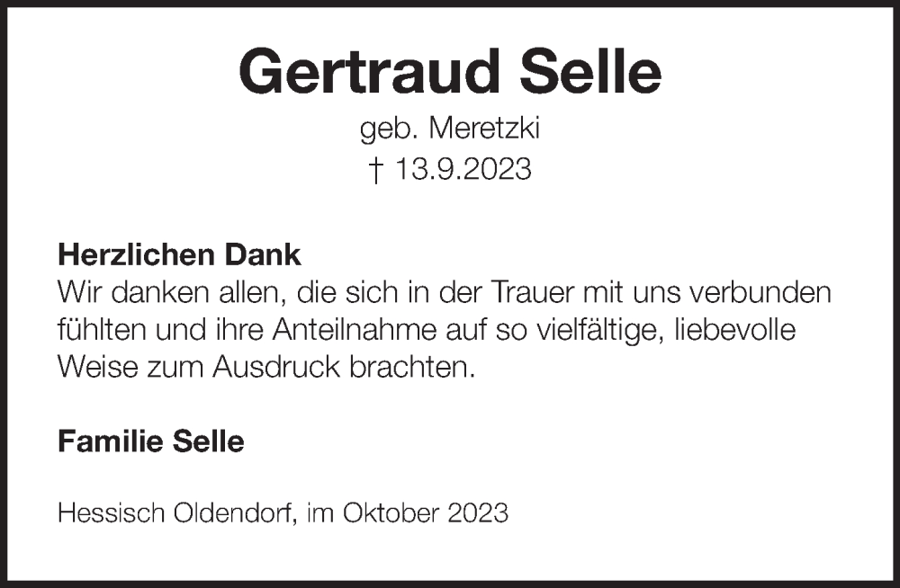  Traueranzeige für Gertraud Selle vom 28.10.2023 aus Deister- und Weserzeitung