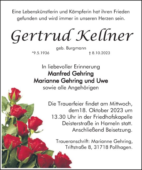 Traueranzeige von Gertrud Kellner von Deister- und Weserzeitung