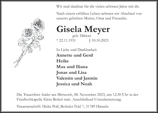 Traueranzeige von Gisela Meyer von Deister- und Weserzeitung