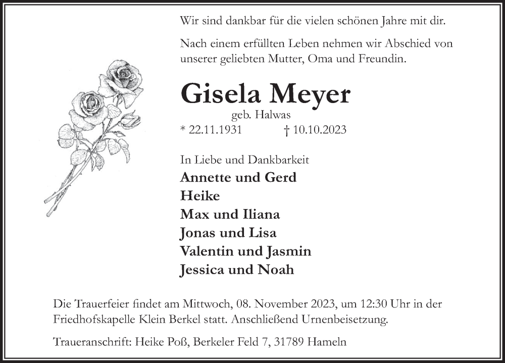  Traueranzeige für Gisela Meyer vom 28.10.2023 aus Deister- und Weserzeitung