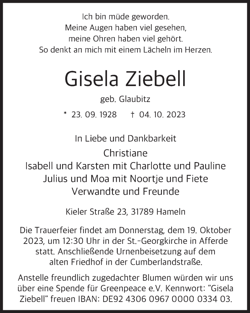 Traueranzeige für Gisela Ziebell vom 14.10.2023 aus Deister- und Weserzeitung