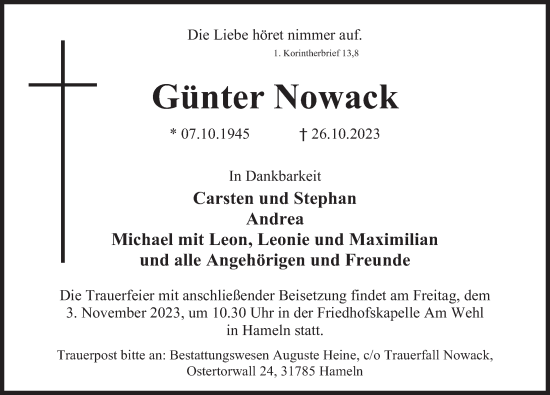 Traueranzeige von Günter Nowack von Deister- und Weserzeitung