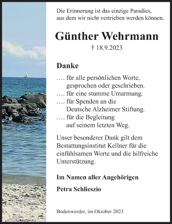 Traueranzeige von Günther Wehrmann von Deister- und Weserzeitung