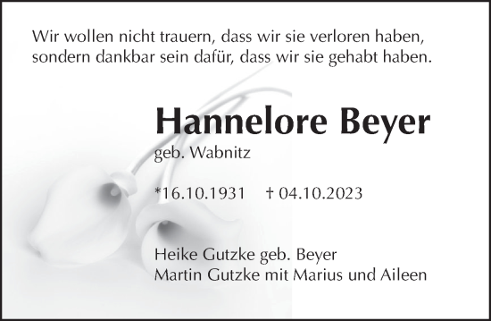 Traueranzeige von Hannelore Beyer von Deister- und Weserzeitung