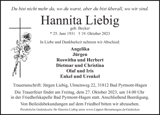 Traueranzeige von Hannita Liebig von Deister- und Weserzeitung