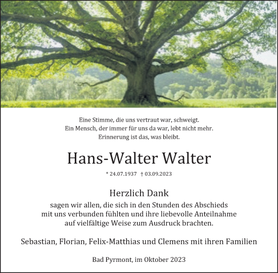 Traueranzeige von Hans-Walter Walter von Deister- und Weserzeitung