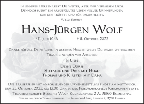 Traueranzeige von Hans Jürgen Wolf von Deister- und Weserzeitung