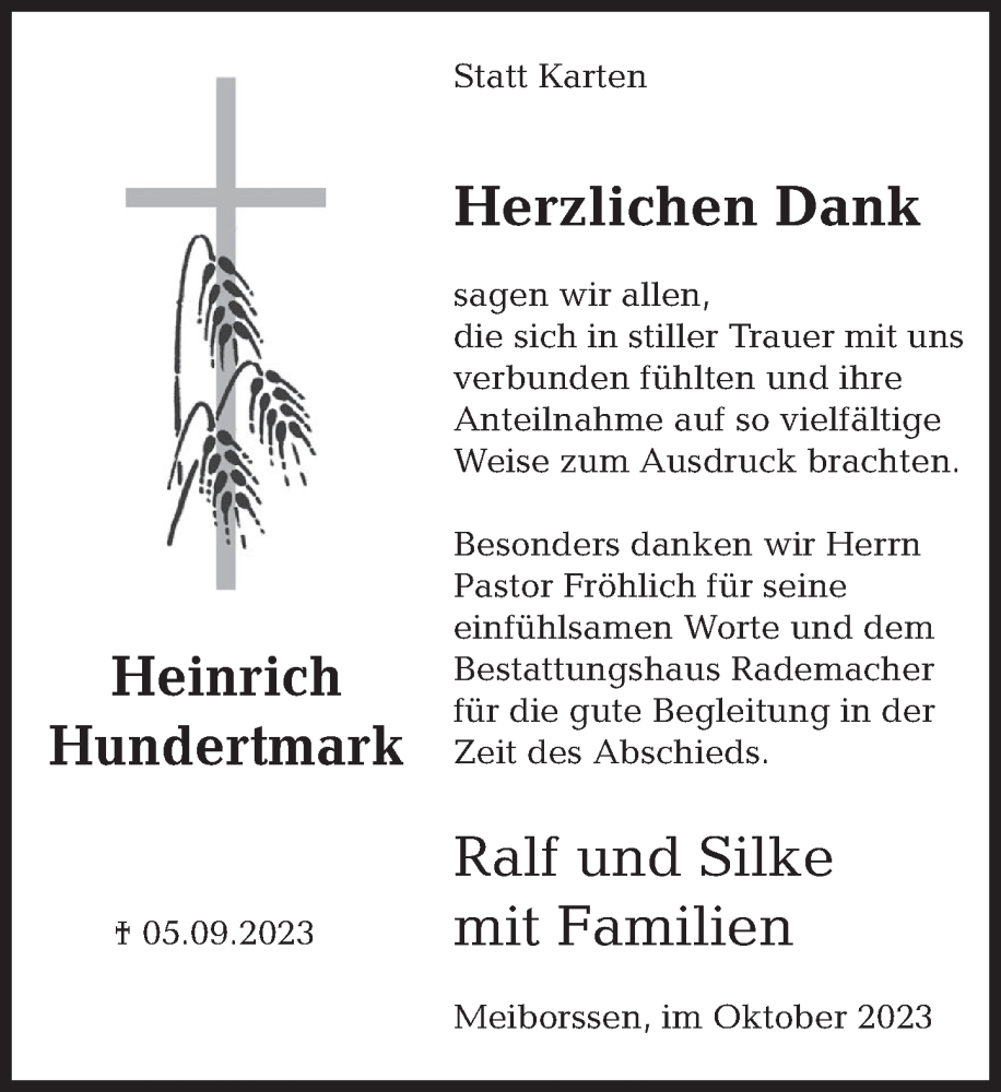  Traueranzeige für Heinrich Hundertmark vom 21.10.2023 aus Deister- und Weserzeitung