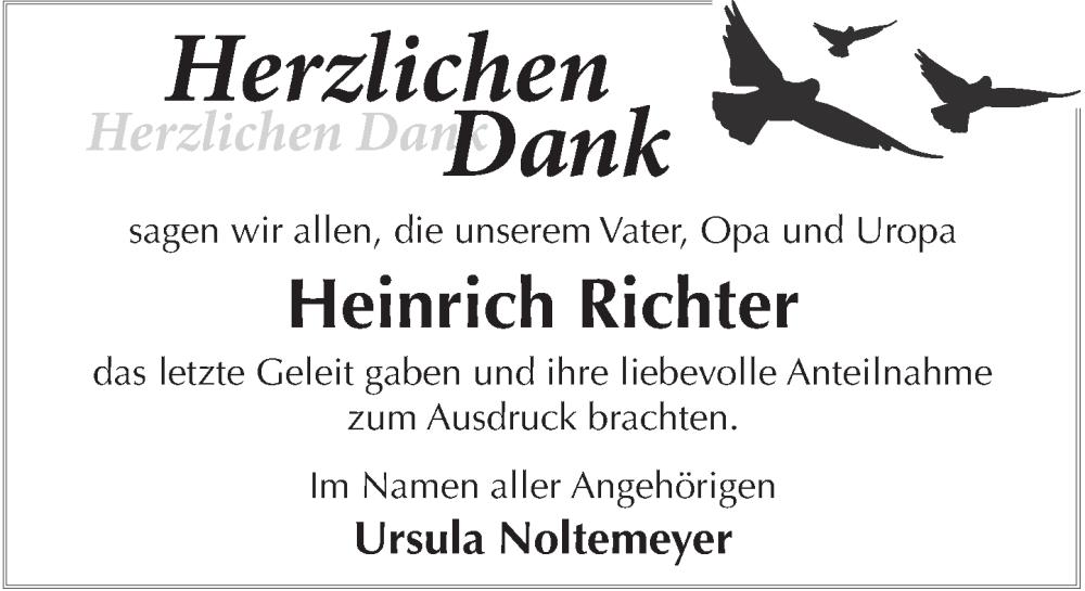  Traueranzeige für Heinrich Richter vom 13.10.2023 aus Deister- und Weserzeitung
