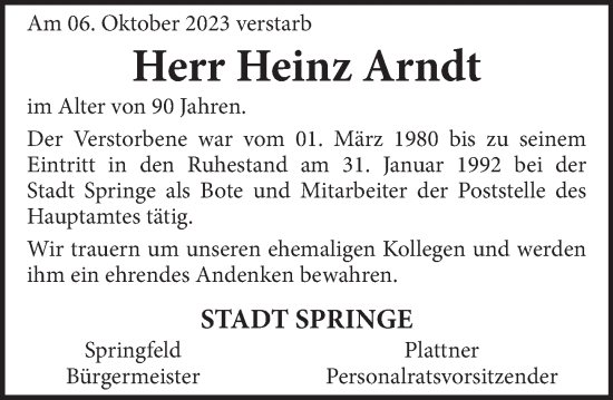 Traueranzeige von Heinz Arndt von Neue Deister-Zeitung