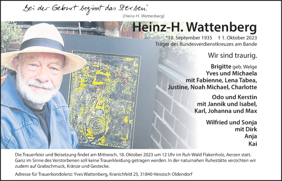 Traueranzeige von Heinz-H. Wattenberg von Deister- und Weserzeitung