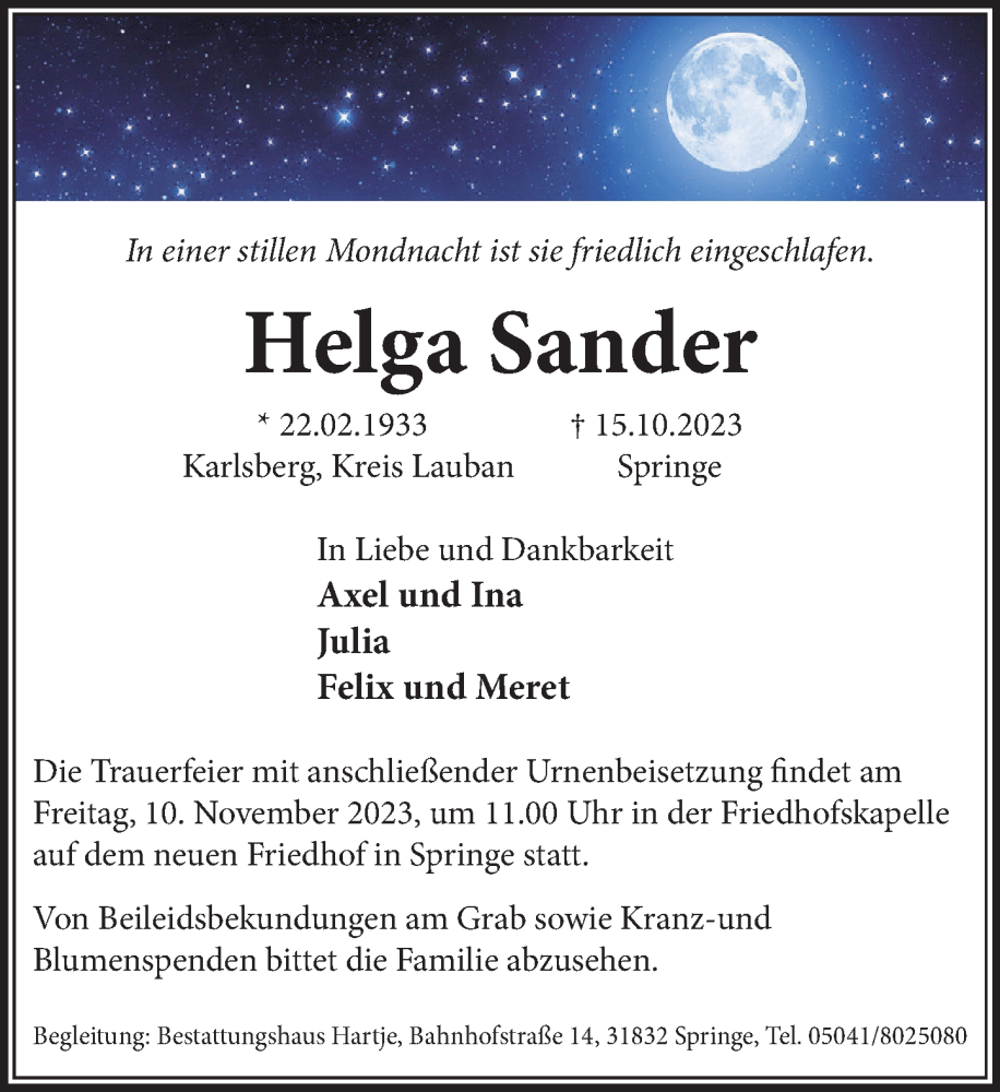  Traueranzeige für Helga Sander vom 21.10.2023 aus Neue Deister-Zeitung