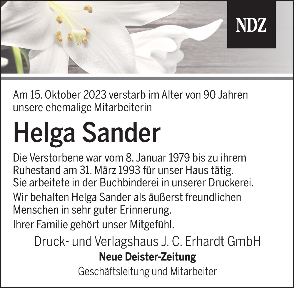  Traueranzeige für Helga Sander vom 21.10.2023 aus Neue Deister-Zeitung