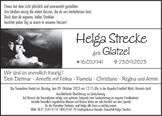 Traueranzeige von Helga Strecke von Deister- und Weserzeitung