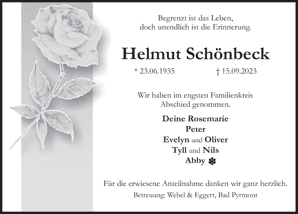  Traueranzeige für Helmut Schönbeck vom 07.10.2023 aus Deister- und Weserzeitung
