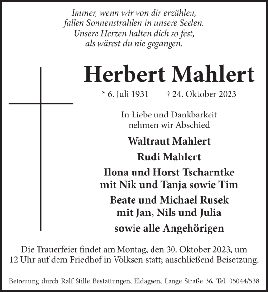 Traueranzeige von Herbert Mahlert von Neue Deister-Zeitung