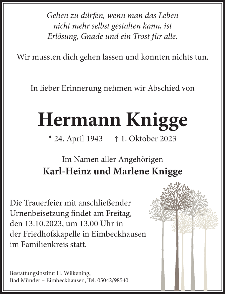  Traueranzeige für Hermann Knigge vom 11.10.2023 aus Neue Deister-Zeitung