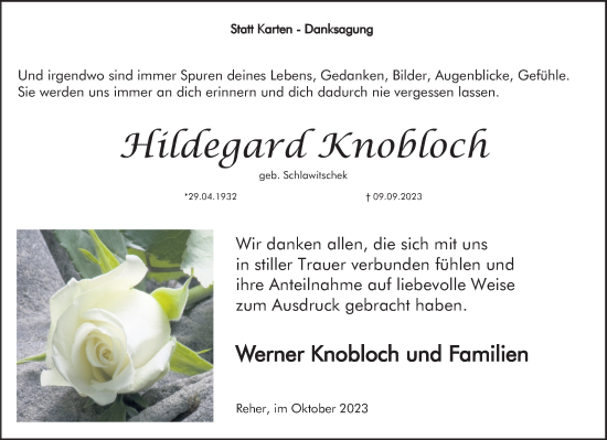 Traueranzeige von Hildegard Knobloch von Deister- und Weserzeitung