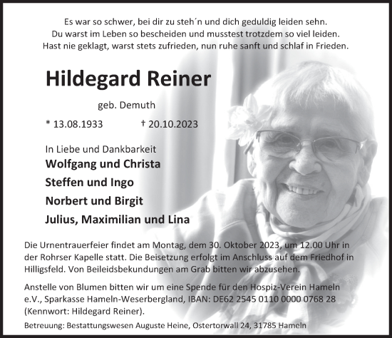 Traueranzeige von Hildegard Reiner von Deister- und Weserzeitung