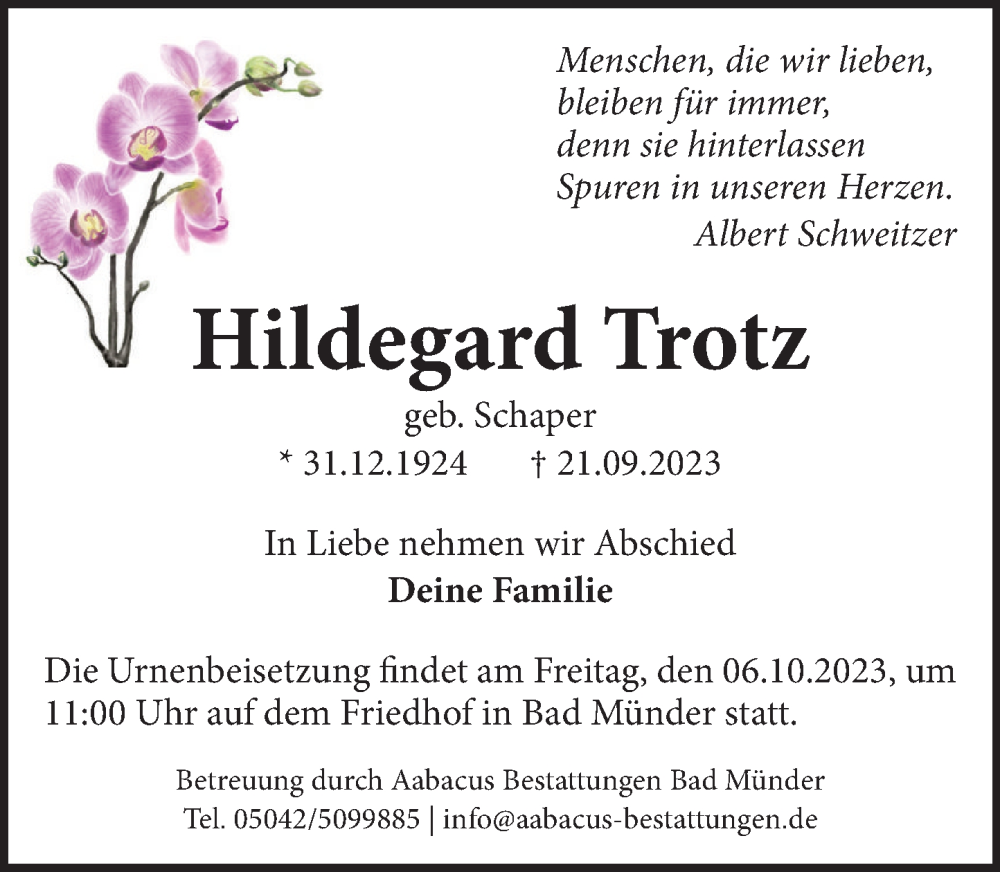  Traueranzeige für Hildegard Trotz vom 30.09.2023 aus Neue Deister-Zeitung