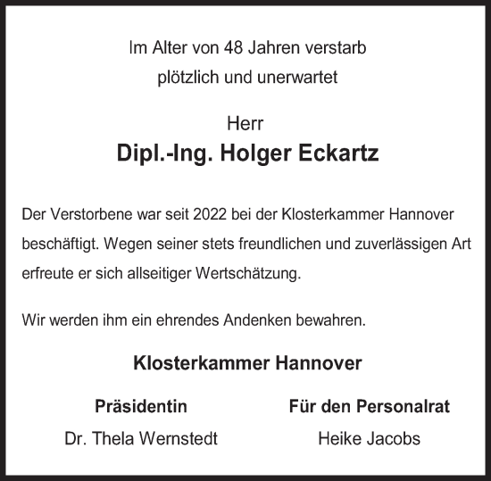 Traueranzeige von Holger Eckartz von Deister- und Weserzeitung