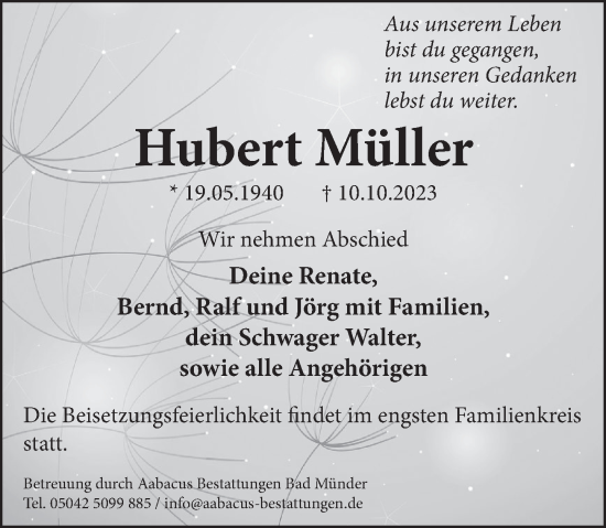 Traueranzeige von Hubert Müller von Neue Deister-Zeitung