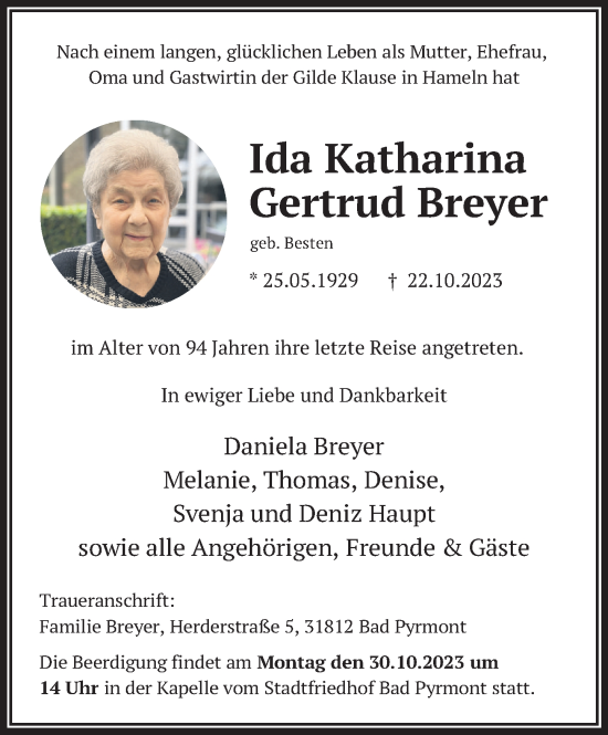 Traueranzeige von Ida Breyer von Deister- und Weserzeitung