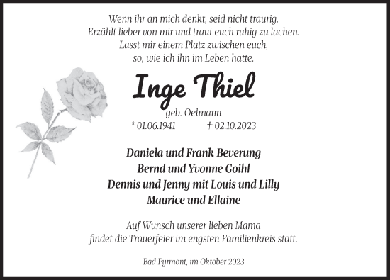 Traueranzeige von Inge Thiel von Deister- und Weserzeitung