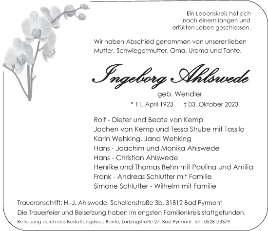 Traueranzeige von Ingeborg Ahlswede von Deister- und Weserzeitung