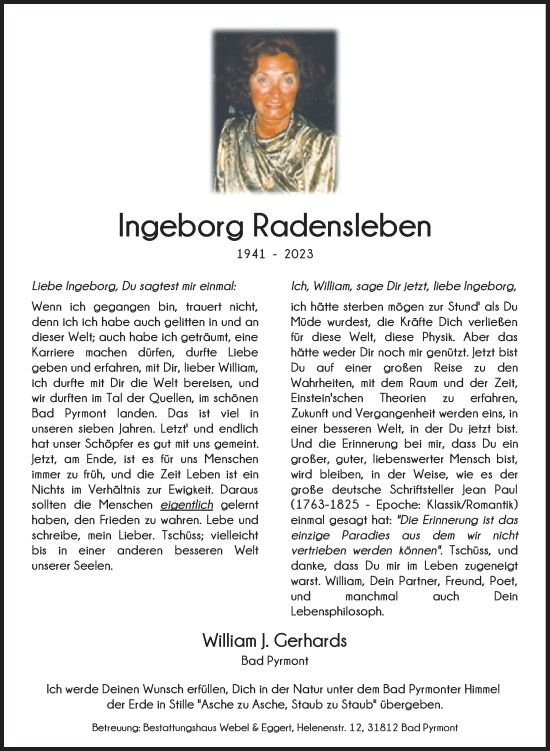 Traueranzeige von Ingeborg Radensleben von Deister- und Weserzeitung
