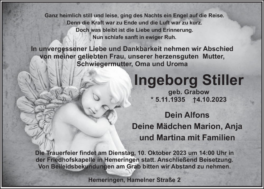  Traueranzeige für Ingeborg Stiller vom 07.10.2023 aus Deister- und Weserzeitung