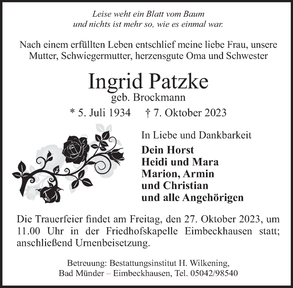  Traueranzeige für Ingrid Patzke vom 21.10.2023 aus Neue Deister-Zeitung